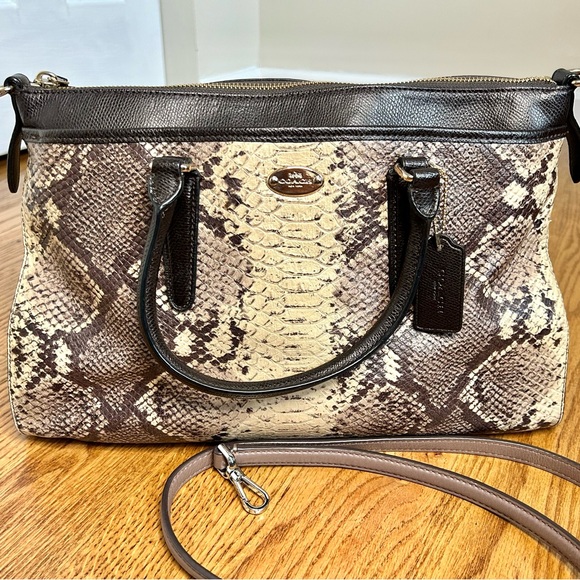 Coach Morgan Satchel Snake Skin / Python Embossed Brown Cream Cross Body Bag - Picture 2 of 13